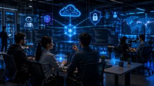 Enterprise developers collaborating through Next.js MCP Server with AI assistants, secure authentication, analytics and cloud infrastructure together