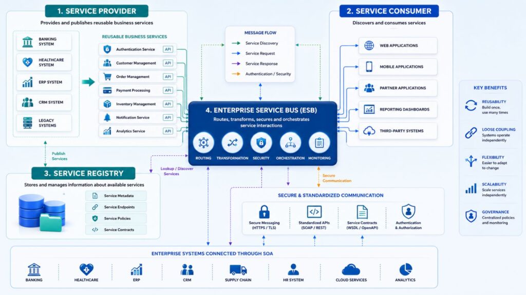 Service oriented architecture showing service provider consumer registry and enterprise service bus