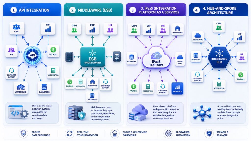 Software integration services architecture showing API middleware iPaaS and hub and spoke connections