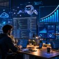 Modern software developers using AI coding assistants with enterprise dashboards illustrating market growth and intelligent programming workflows in 2026