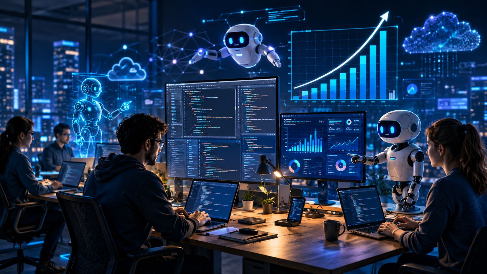 Modern software developers using AI coding assistants with enterprise dashboards illustrating market growth and intelligent programming workflows in 2026