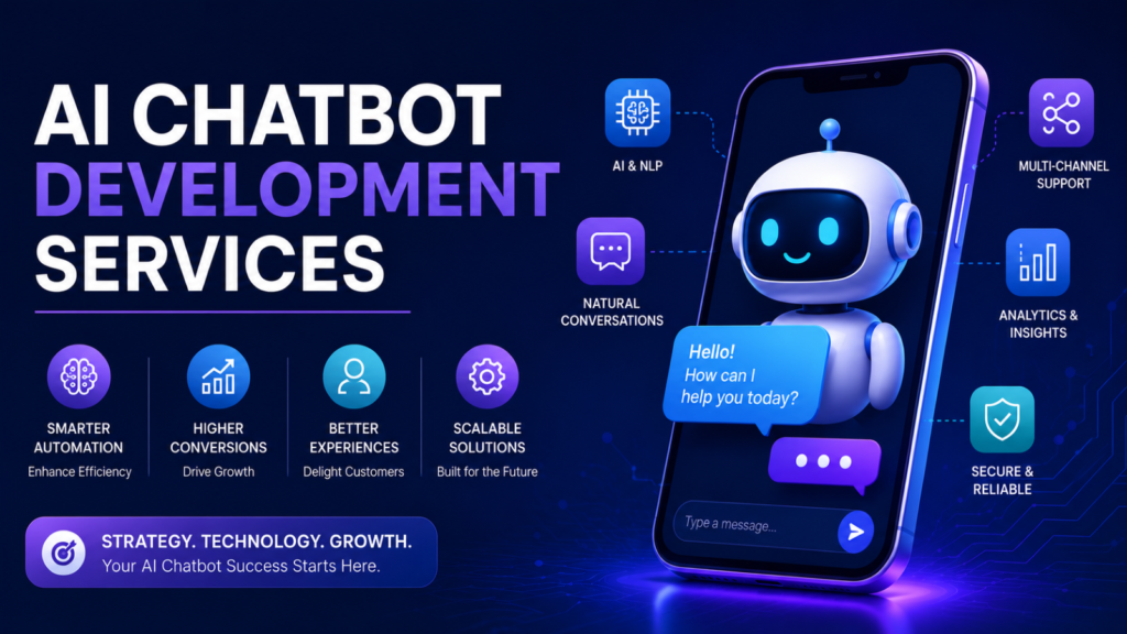 Modern AI chatbot development services banner featuring a futuristic chatbot inside a smartphone screen with AI, analytics, automation, and multi-channel support icons on a dark blue technology background.