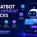 Modern AI chatbot development services banner featuring a futuristic chatbot inside a smartphone screen with AI, analytics, automation, and multi-channel support icons on a dark blue technology background.