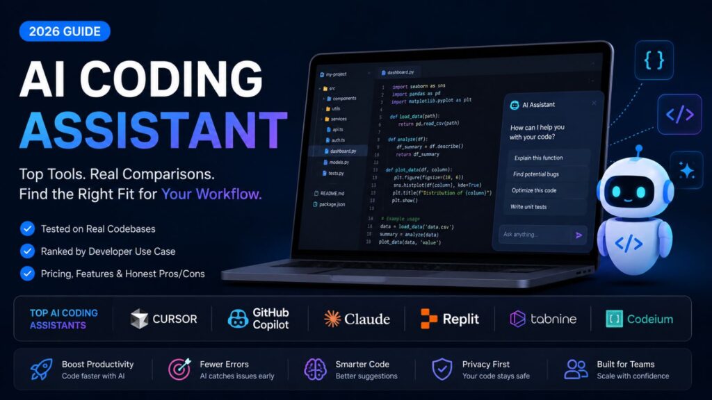 AI coding assistant comparison showing top tools like Cursor, GitHub Copilot, Claude Code, Tabnine, Replit, and Codeium for software developers in 2026