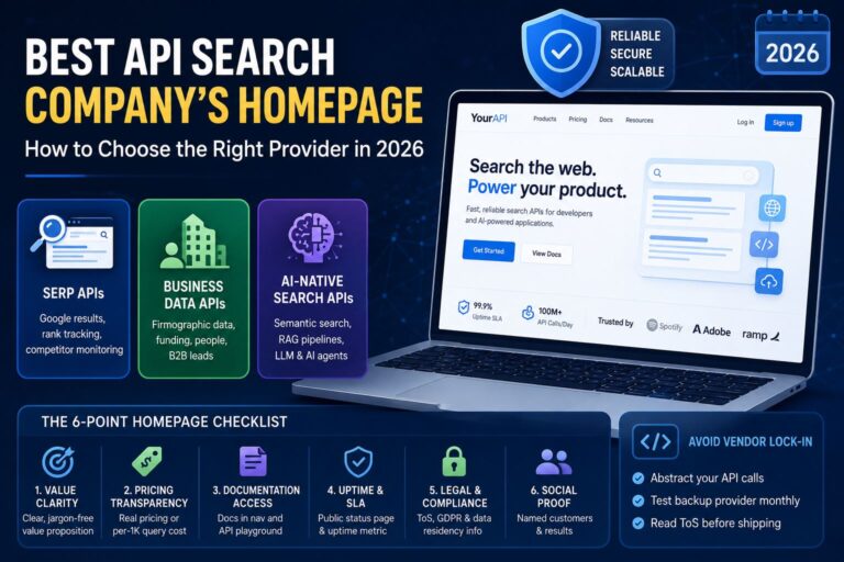 Search API homepage comparison graphic with SERP, business data, and AI-native API categories.