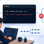 Developer troubleshooting a Git remote origin conflict with repository connections and terminal interface.