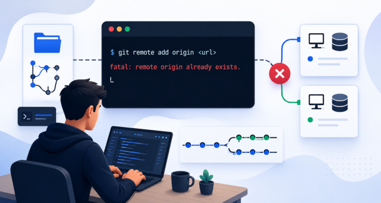 Developer troubleshooting a Git remote origin conflict with repository connections and terminal interface.