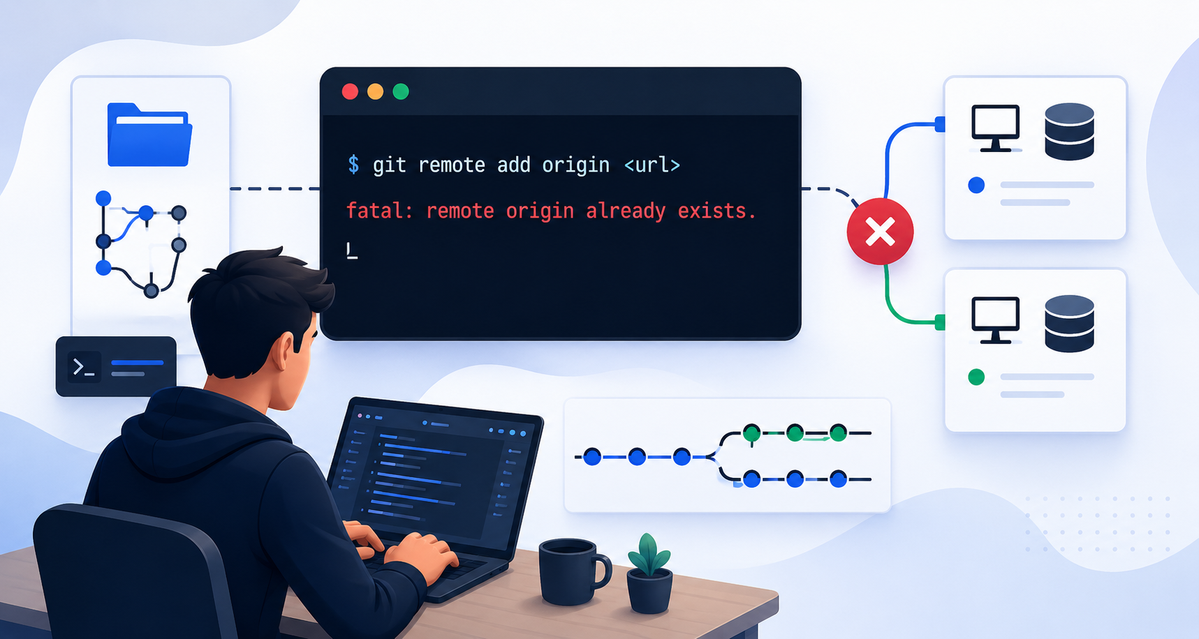 Developer troubleshooting a Git remote origin conflict with repository connections and terminal interface.