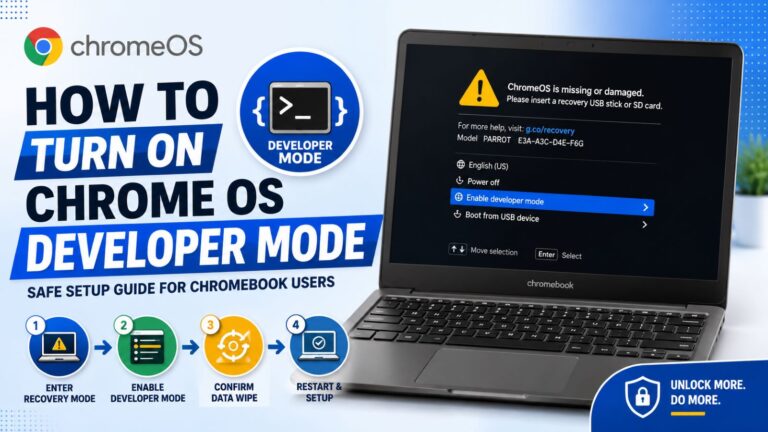 Chromebook recovery screen showing how to turn on Chrome OS developer mode with step-by-step setup process and developer mode activation