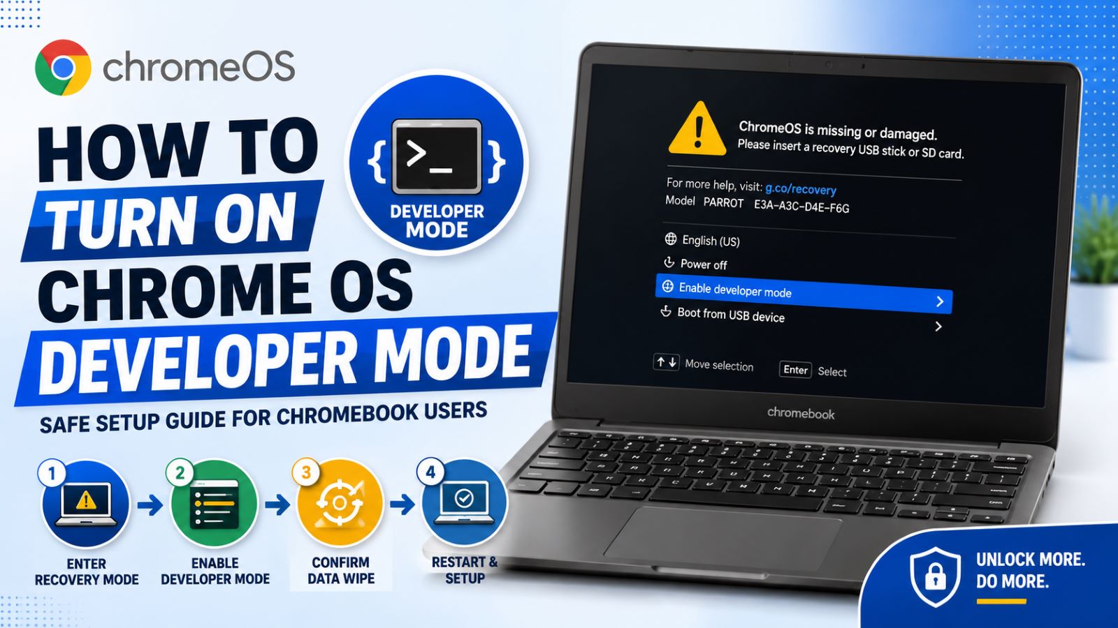 Chromebook recovery screen showing how to turn on Chrome OS developer mode with step-by-step setup process and developer mode activation