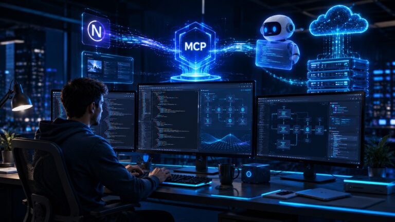 Professional developer using Next.js MCP Server with AI coding assistants, cloud architecture and intelligent debugging workflow together seamlessly