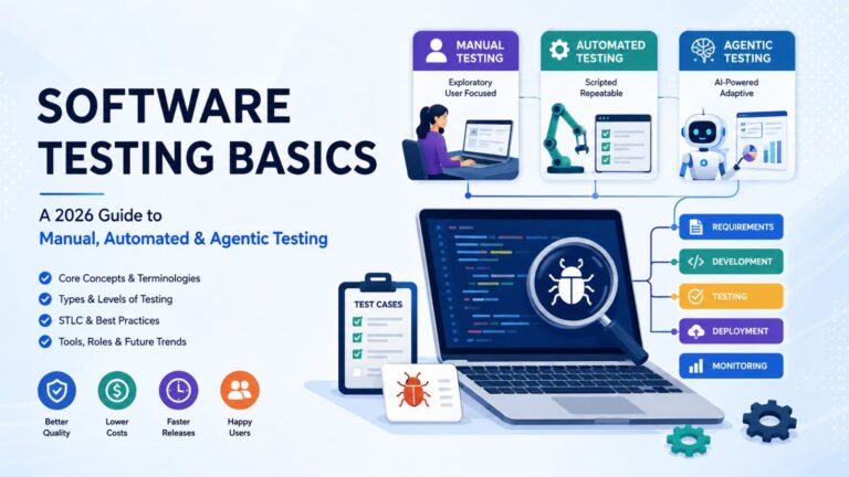 Software testing basics illustration showing manual, automated, and agentic testing workflows.