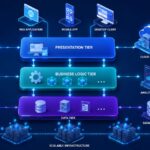 Modern n-tier architecture showing presentation, business logic, and data tiers connected.
