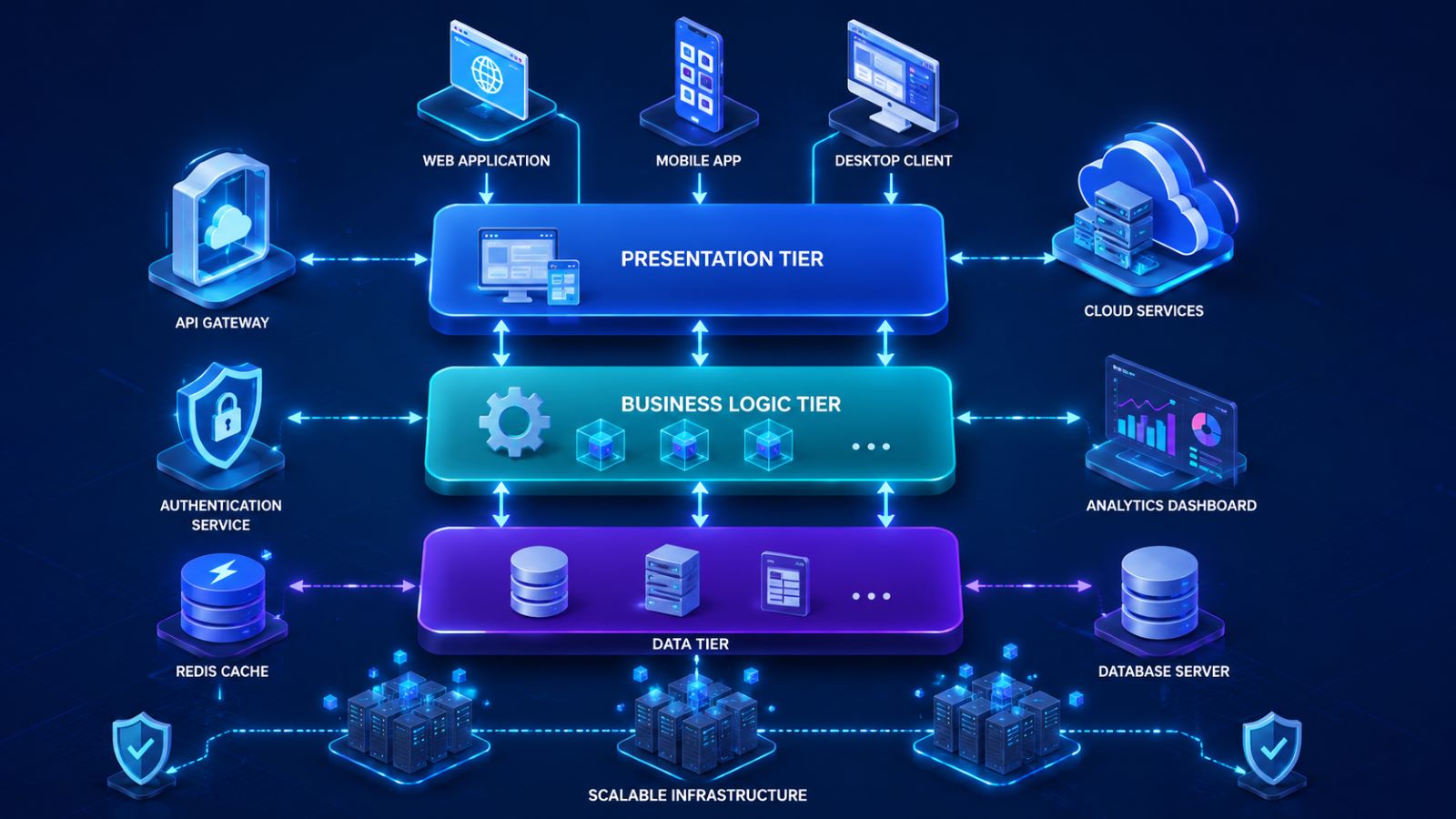 Modern n-tier architecture showing presentation, business logic, and data tiers connected.