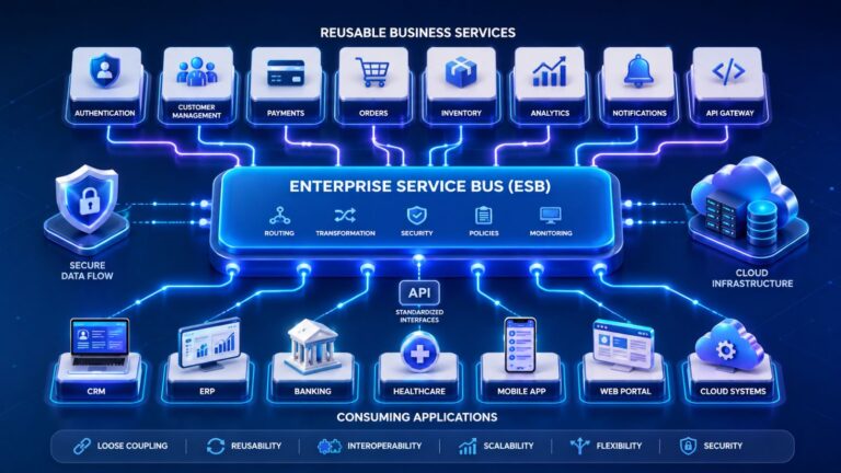 Service oriented architecture connecting enterprise services through an ESB platform seamlessly