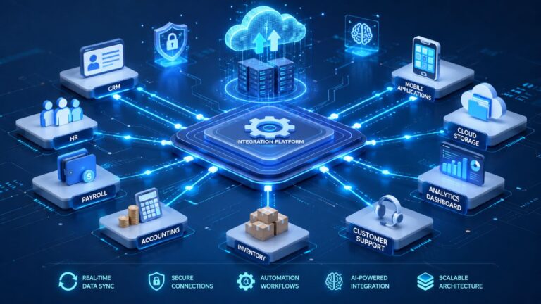 Software integration services connecting CRM ERP payroll and cloud business applications seamlessly